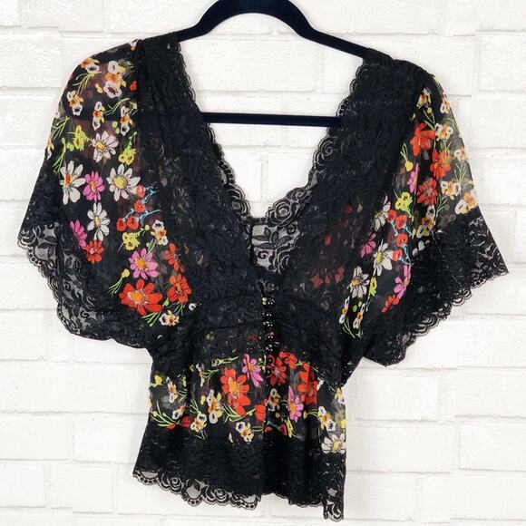Vintage Forever 21 XX1 Sheer Floral Lace V-Neck Blouse Top Size Small Petite - Picture 1 of 8